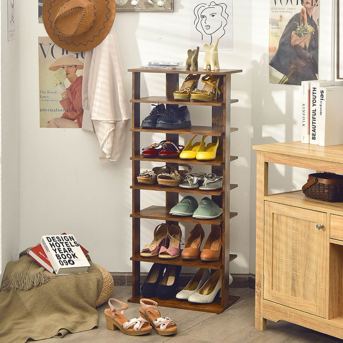 Extra Wide Vertical Wooden Shoe Rack with 7 Shelves