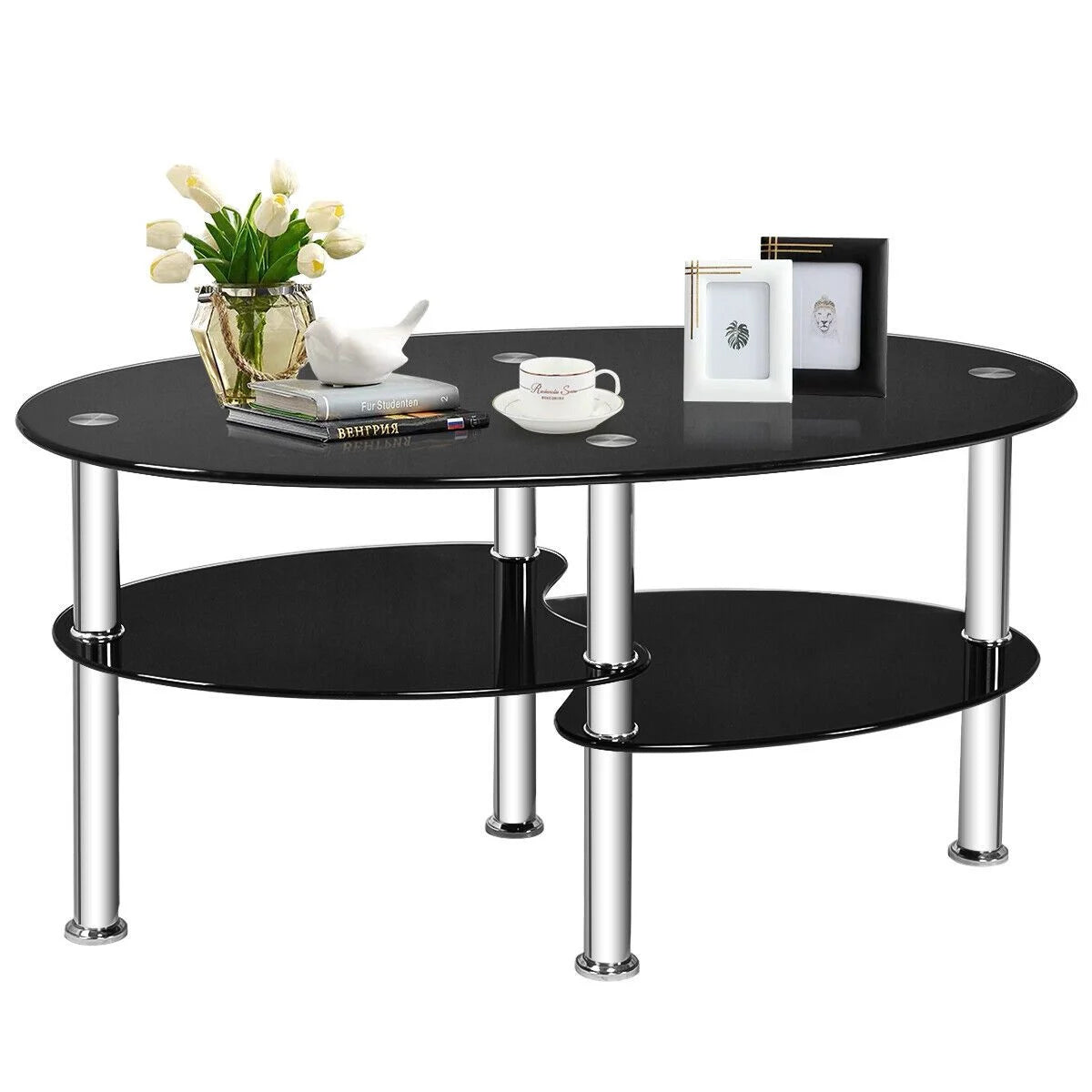 Three-Tier Tempered Glass Coffee Table with Two Shelves