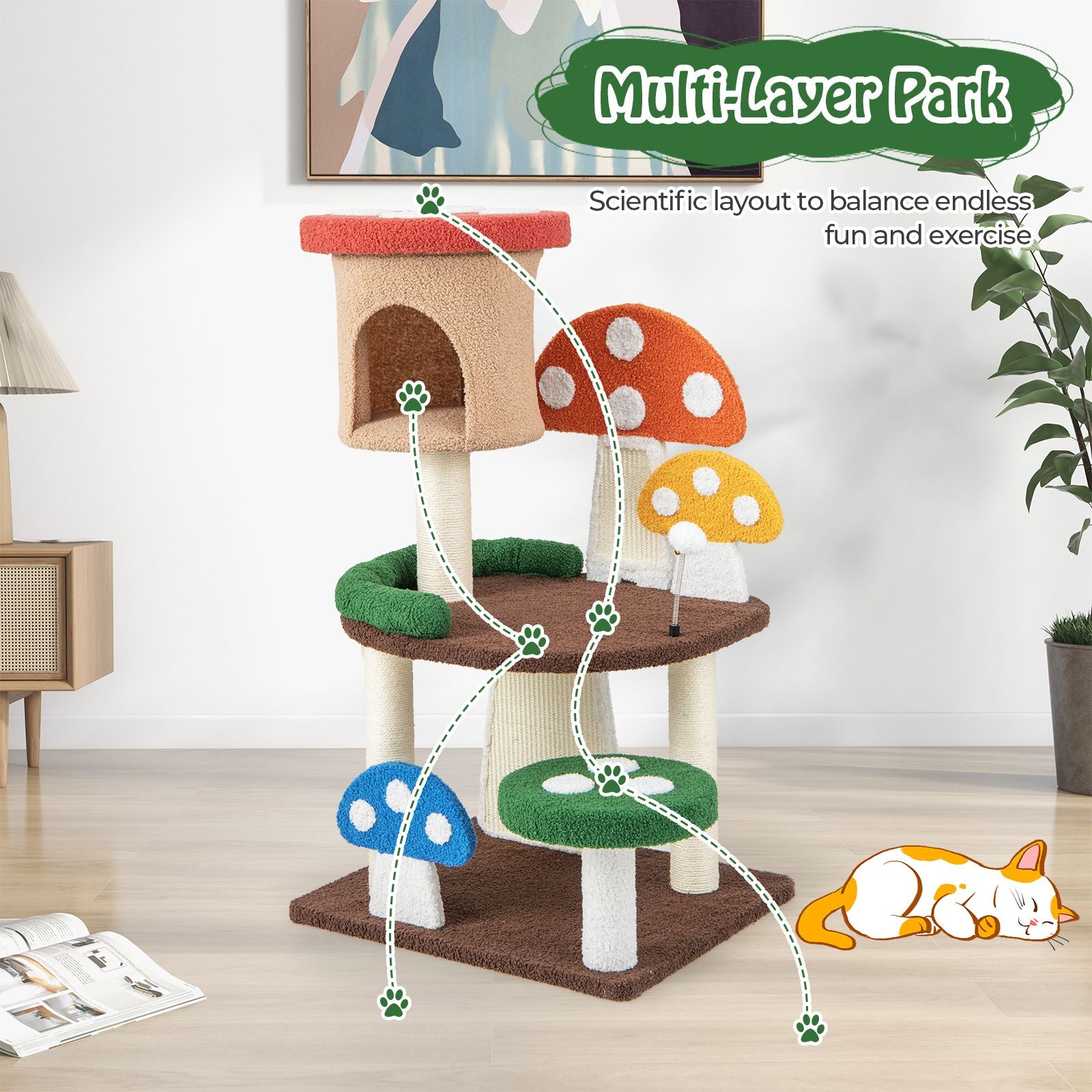 102 cm Cat Tree Tower with Natural Sisal Posts and Mushroom Design