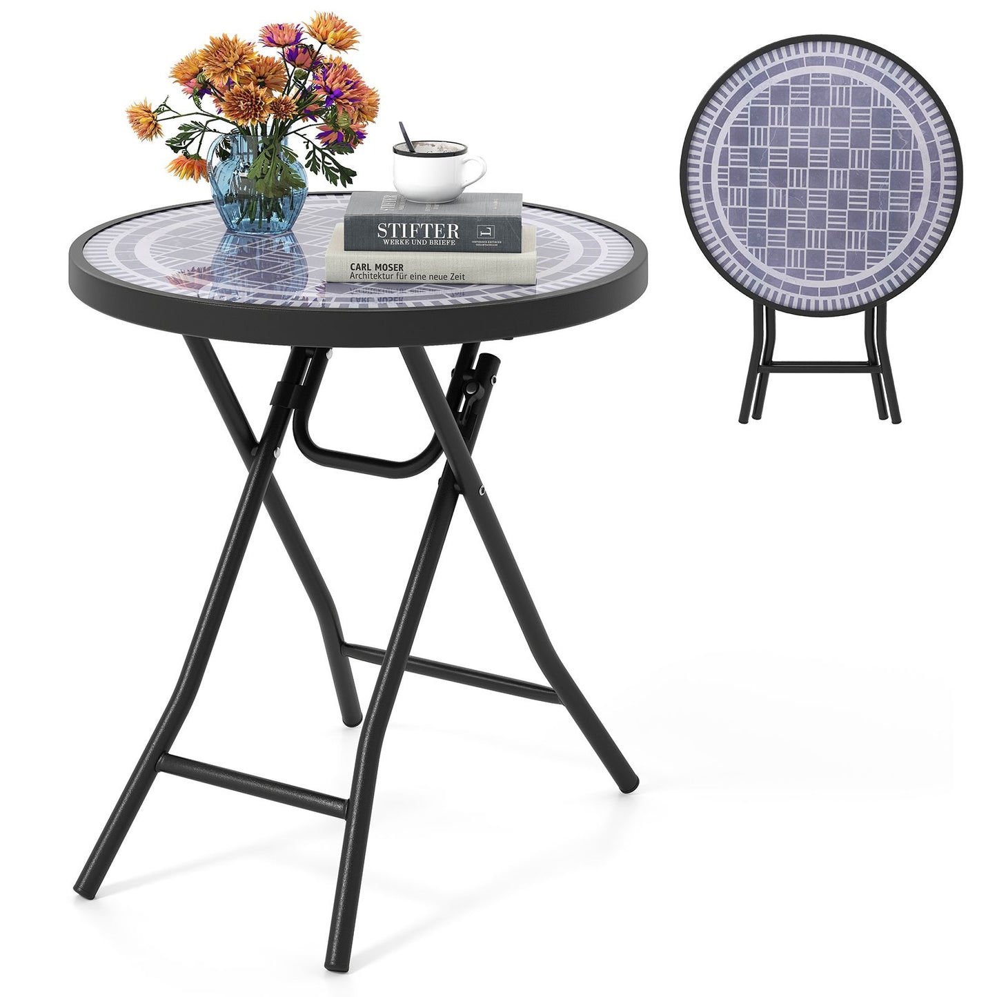 Round Folding Patio Coffee Table with Tempered Glass Top