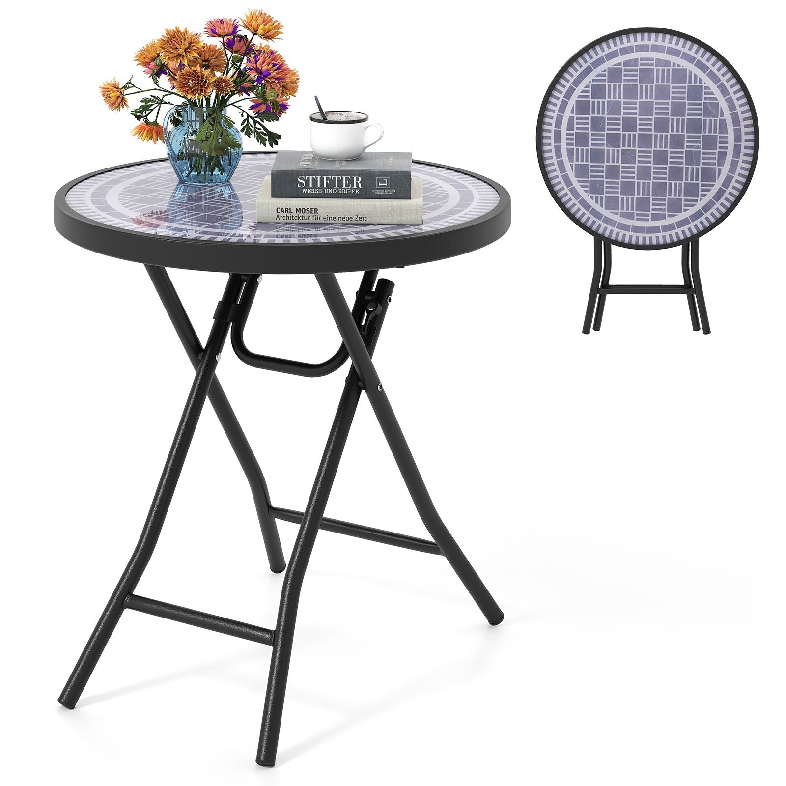 Round Folding Patio Coffee Table with Tempered Glass Top