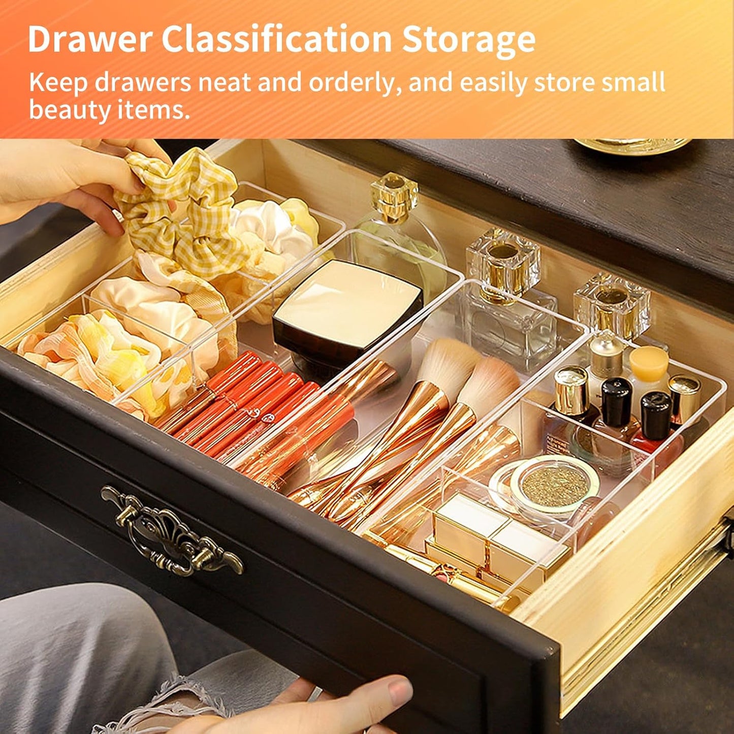 Set of 2 Acrylic Makeup Drawer Organizers with 3-Compartment and 1-Compartment Design, Stackable Clear Cosmetic Storage for Eyeshadow, Lipstick, and Other Makeup Essentials