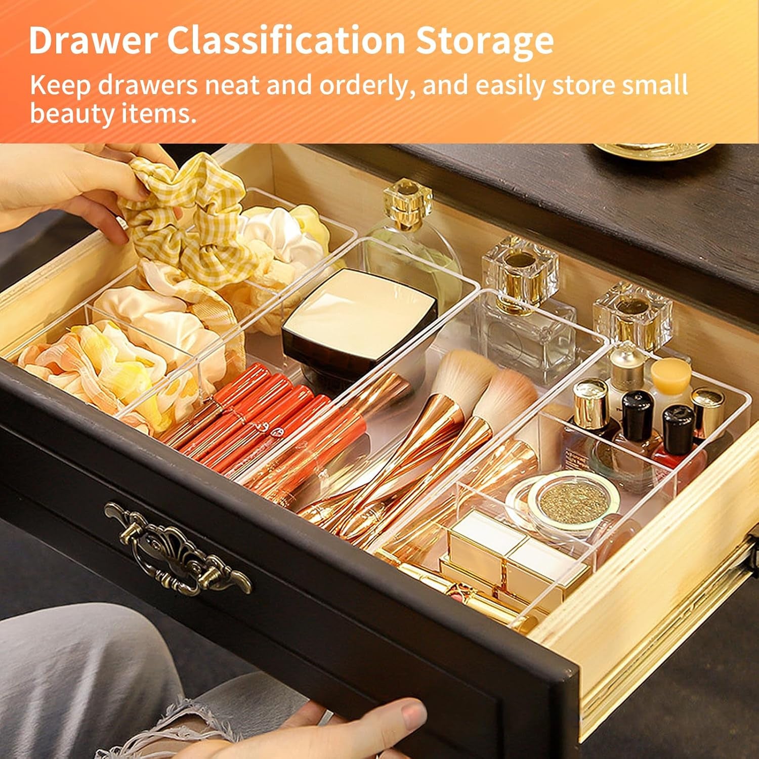 Set of 2 Acrylic Makeup Drawer Organizers with 3-Compartment and 1-Compartment Design, Stackable Clear Cosmetic Storage for Eyeshadow, Lipstick, and Other Makeup Essentials